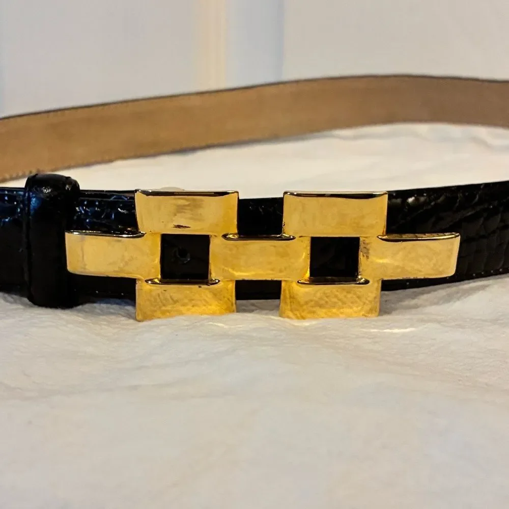 Black Leather Croc-Embossed Belt Gold Buckle Size S/M